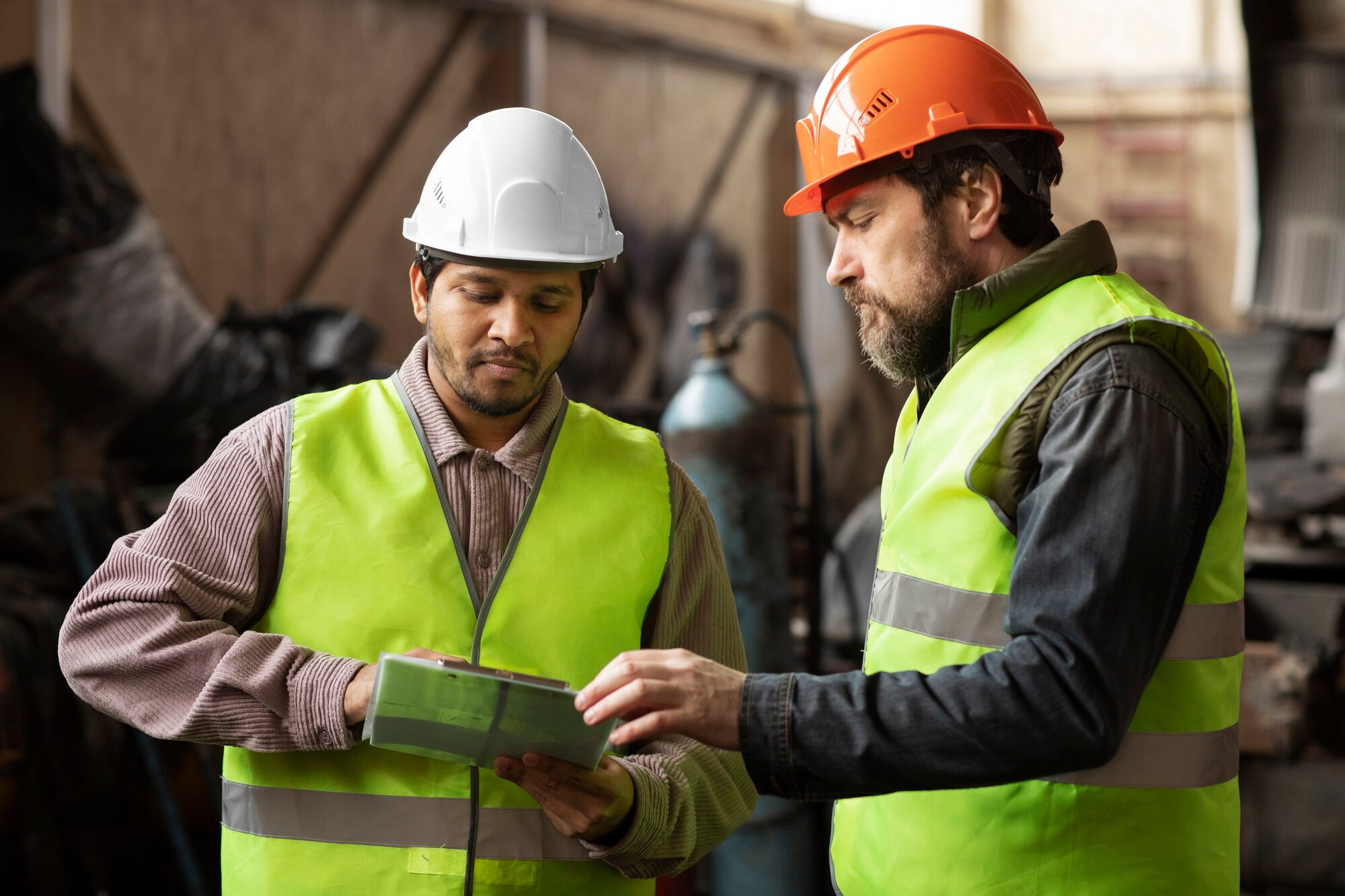 Two industrial workers in safety vests reviewing job details on a tablet