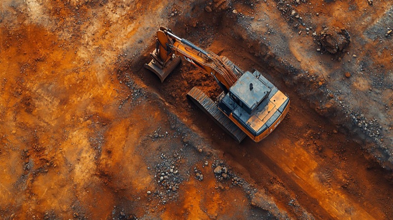Aerial view of an excavator working on a rugged industrial site